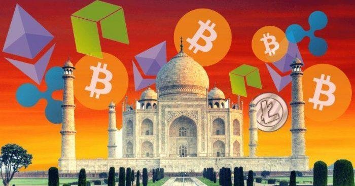 The Taj Mahal surrounded by cryptocurrency icons