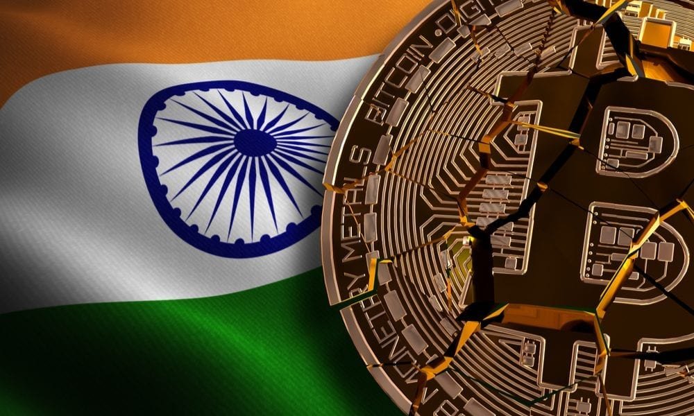 India's flag with a broken bitcoin on top