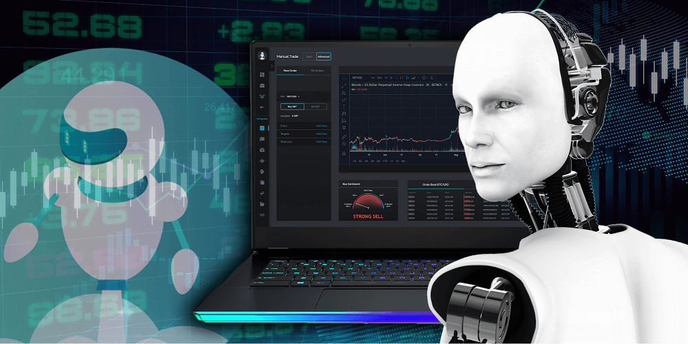 a robot in front of a trading screen