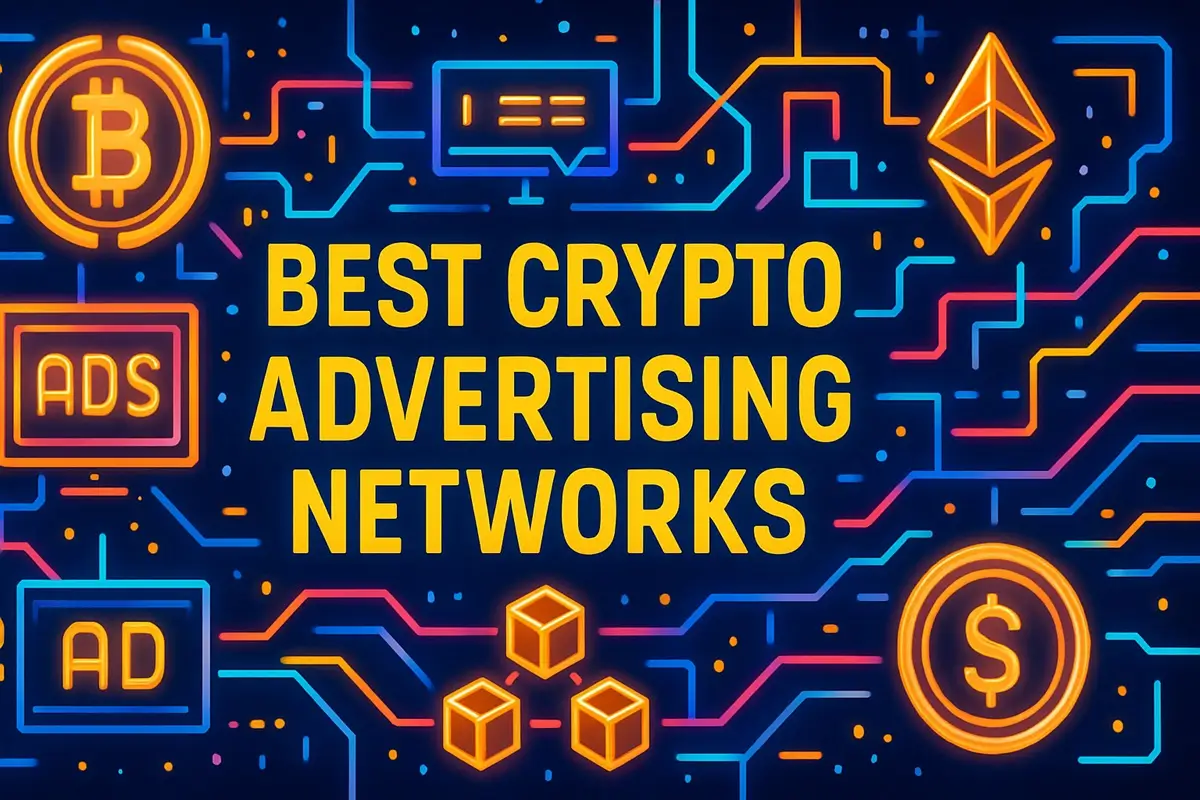 Arcade-style graphic for Best Crypto Advertising Networks, featuring crypto coins and ad symbols.