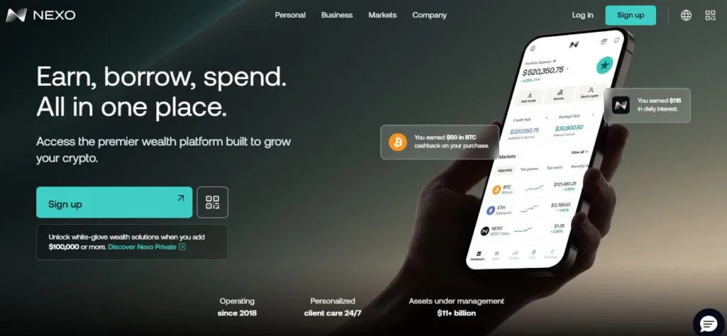 Screenshot from Nexo Crypto Lending Platform's homepage