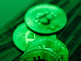 bitcoins in green background