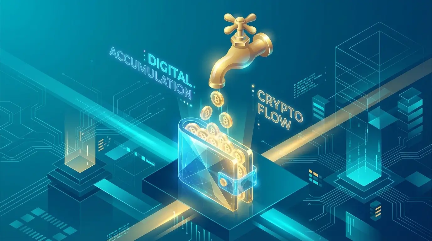 Illustration of a crypto faucet dripping Bitcoin into a digital wallet, representing passive income accumulation