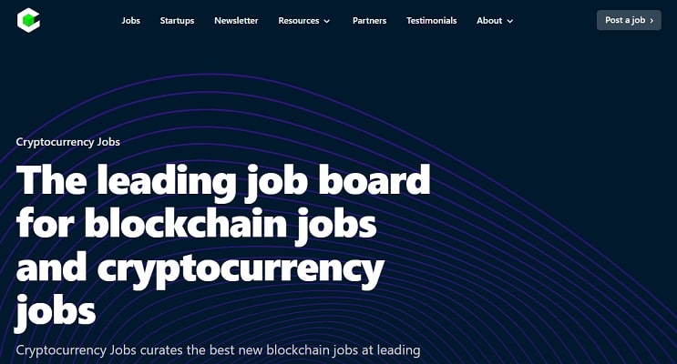 Screenshot from CryptocurrencyJobs homepage
