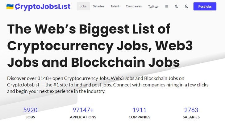 Screenshot from CryptoJobslist homepage