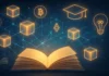9 Best Books On Ethereum And Blockchain Technology Open book with glowing blockchain and Ethereum symbols, representing knowledge in crypto