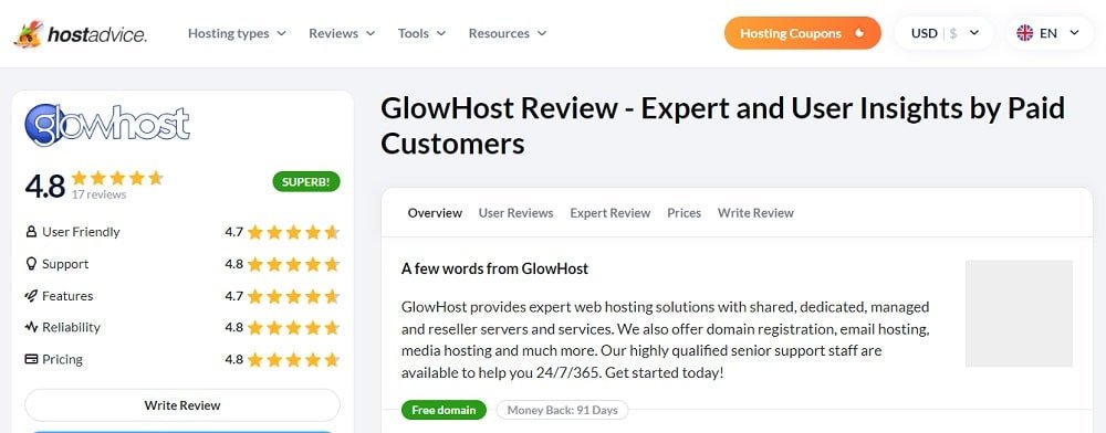 Glow Host Reviews on hostadvice