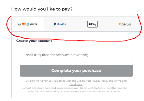 CyberGhost VPN Payment Options