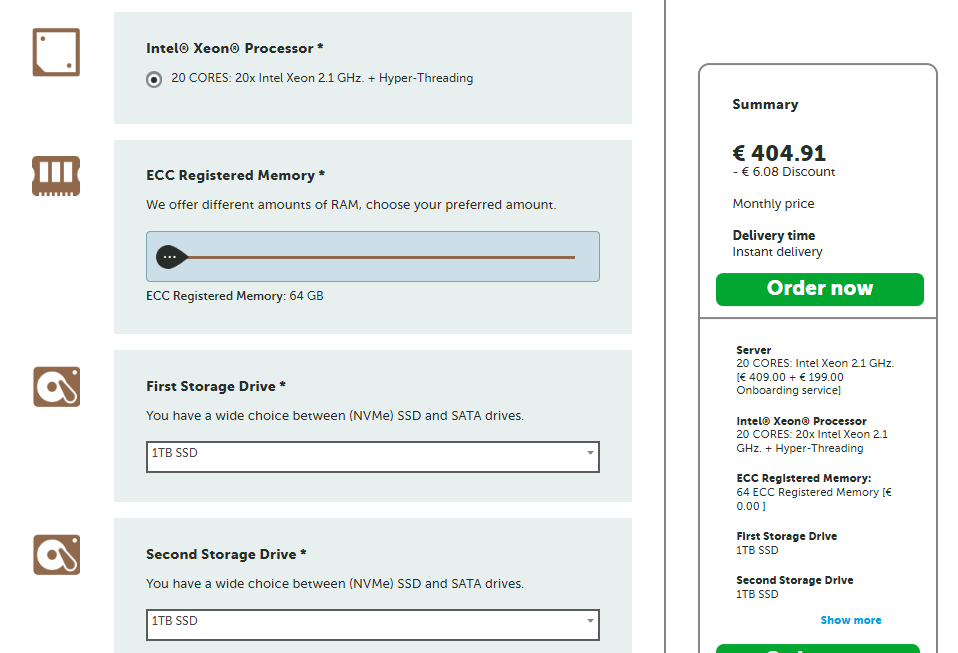 Screenshot from the configuration page. The configurations you make may affect your order's price