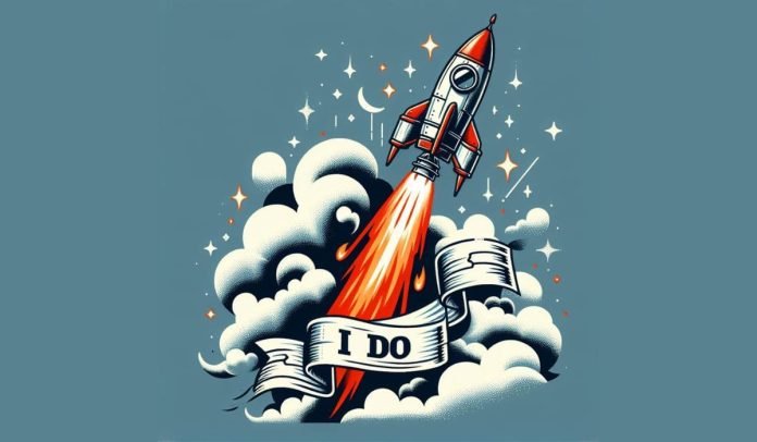 A rocket launching into the air with the word IDO written on it.