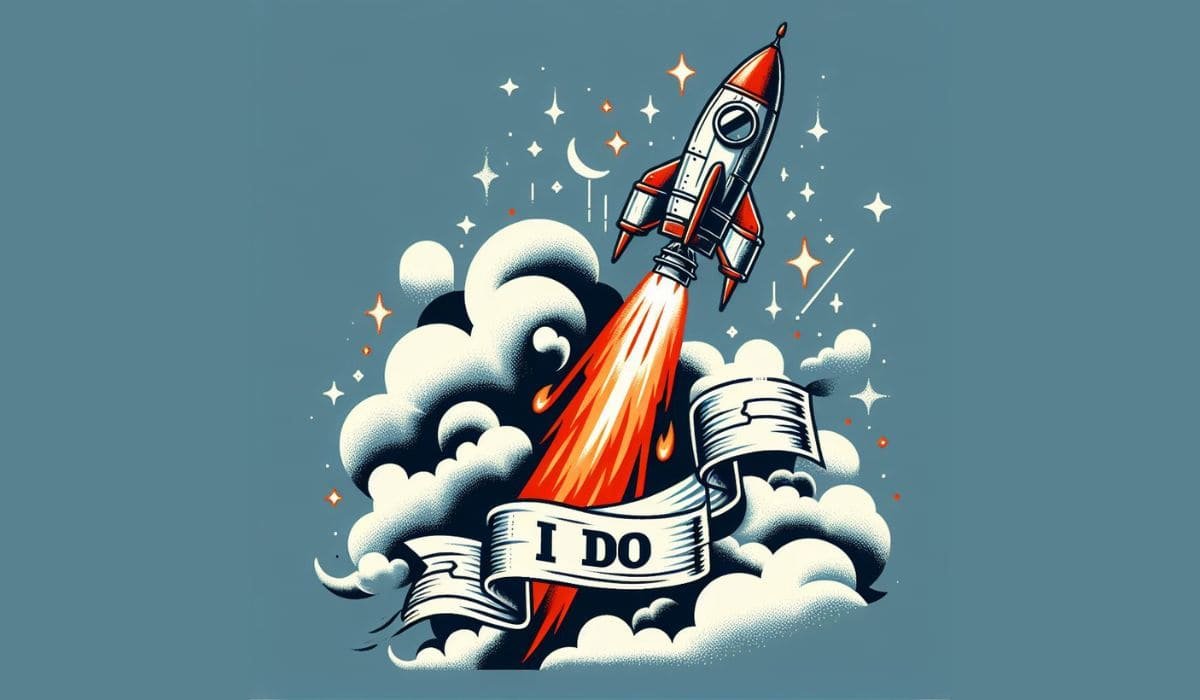 A rocket launching into the air with the word IDO written on it.