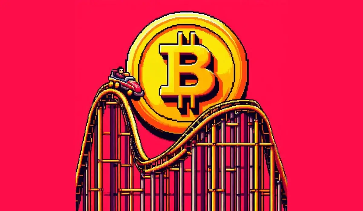 A rollercoaster with a Bitcoin on the background