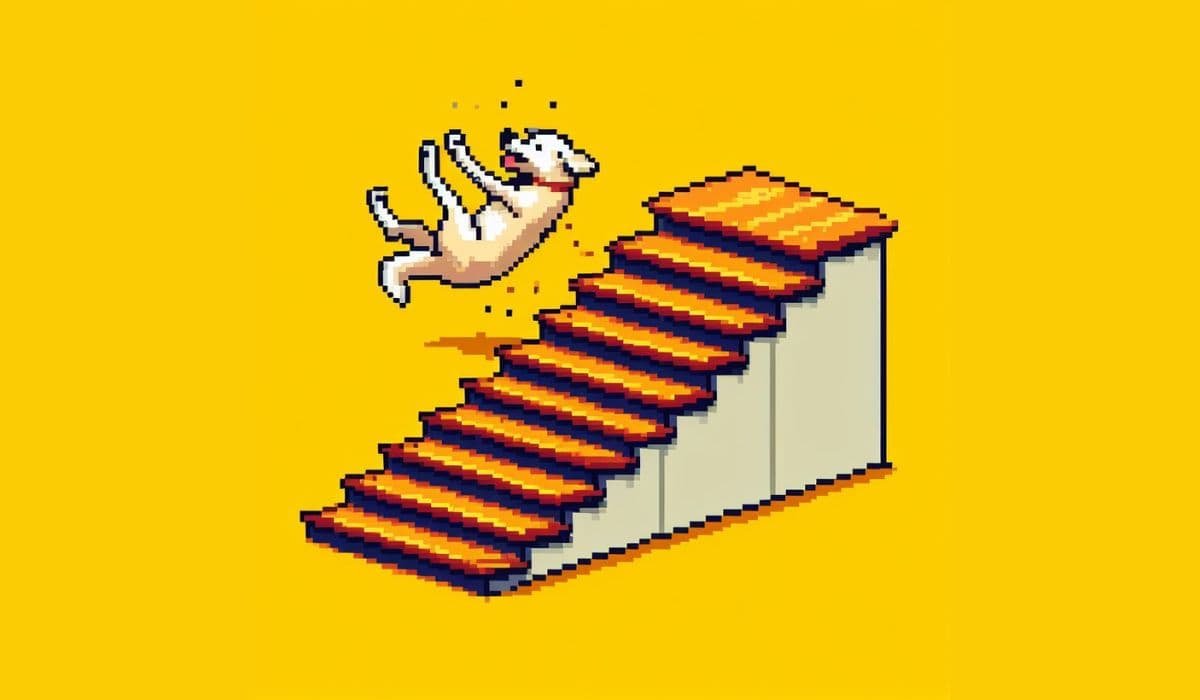 A dog falling down stairs