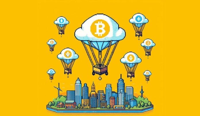 Cryptocurrencies airdropped over a city.