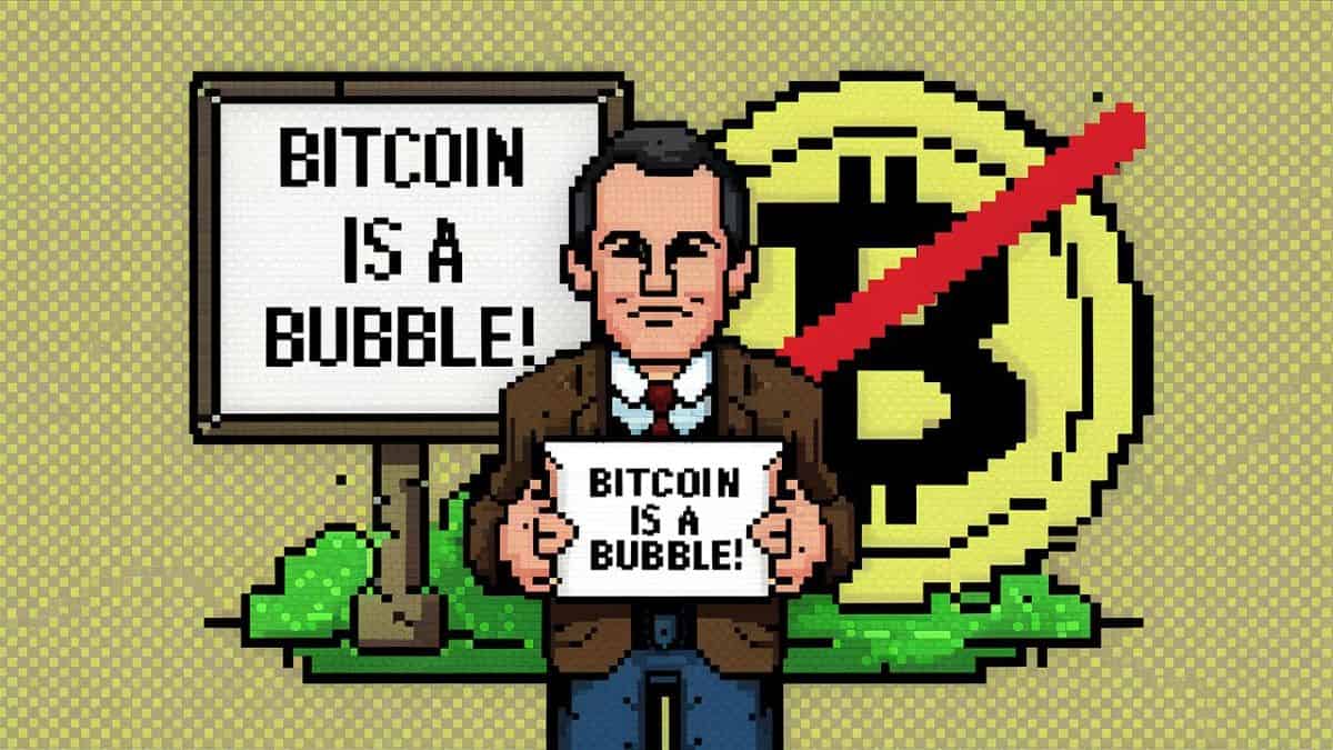 Peter Schiff holding a sign saying that Bitcoin is a bubble in pixel art.