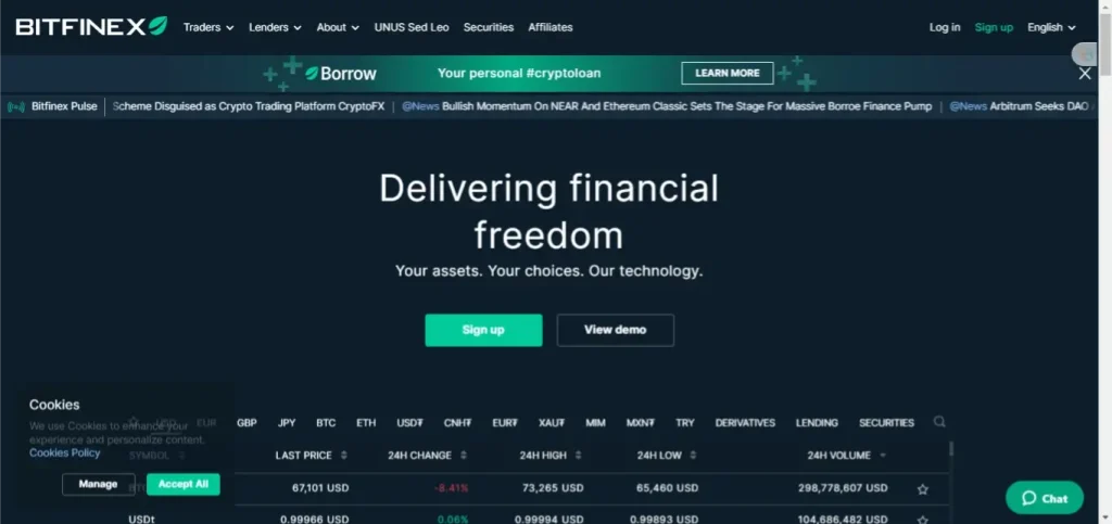 Screenshot of Bitfinex's homepage