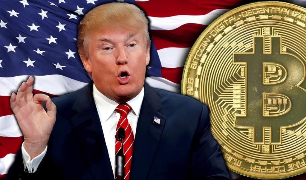 President Donald Trump next to a bitcoin