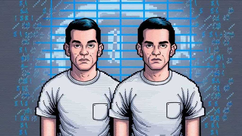 Two brothers standing next each other in pixel art format.