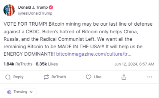 Trump Pledges Support for Bitcoin Mining, Opposes CBDCs