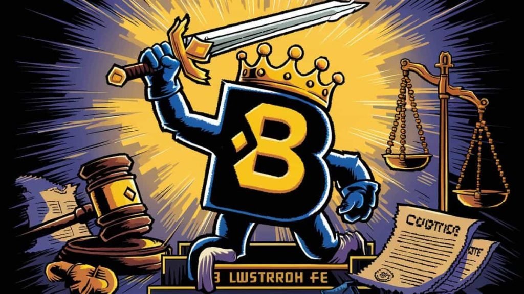 Binance Logo holding a sword in a court room