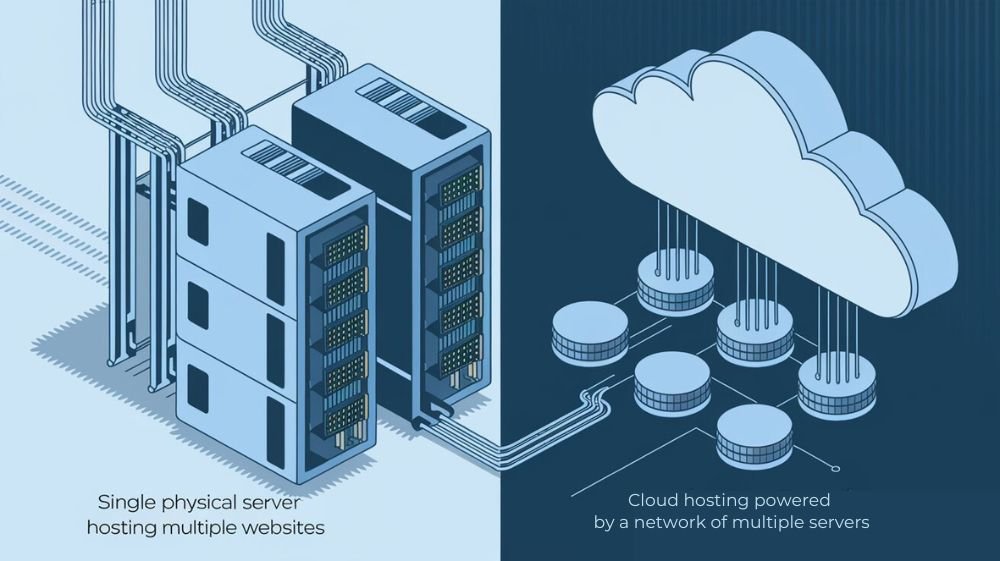 Traditional hosting, uses a single physical server to host multiple websites while cloud hosting utilizes a network of virtual servers.