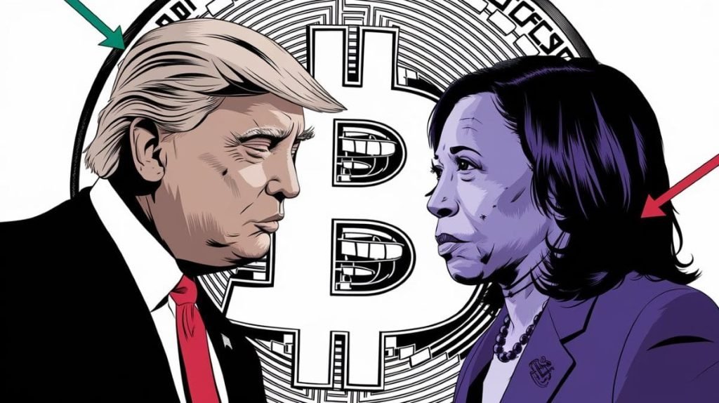 Illustration of Donald Trump and Kamala Harris face to face with Bitcoin logo on the background