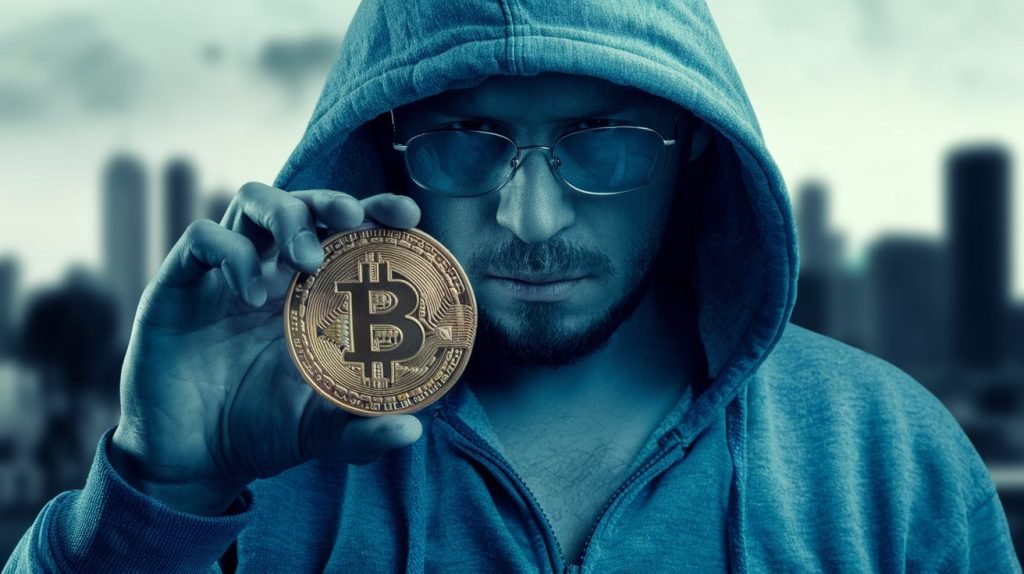 A cinematic shot of a mysterious man with a hoodie holding a Bitcoin symbol.