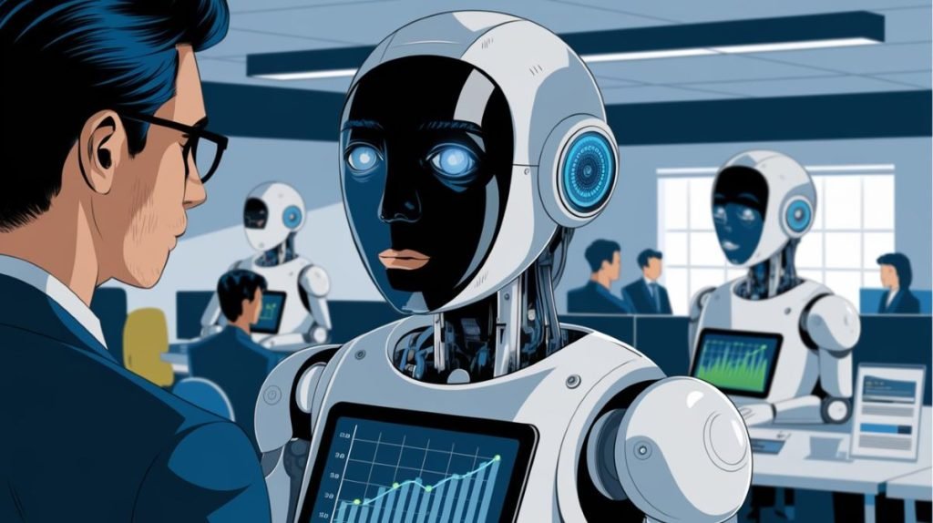 An illustration of a human trader facing an ai trading robot