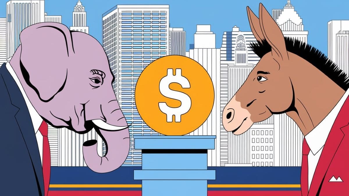 An elephant and a donkey are staring each other representing Democrats and Republicans