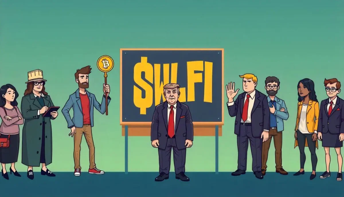 Trump standing in front of a sign that writes $WLFI
