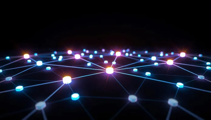 An abstract image of a decentralized network showing servers connected by lines