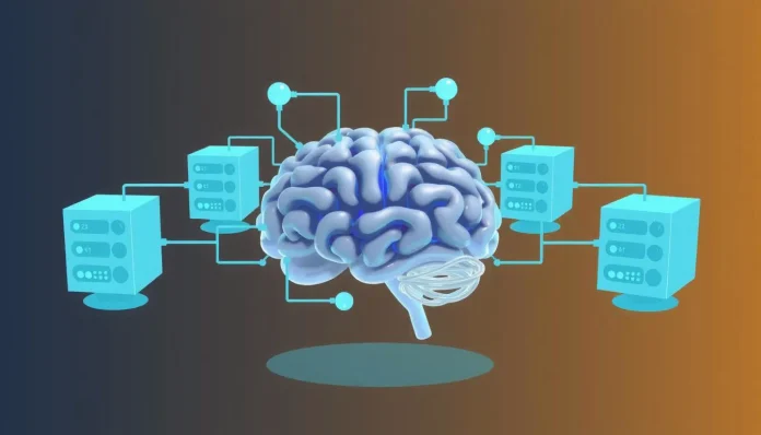 An illustration of an artificial intelligent brain receiving information by multiple servers_