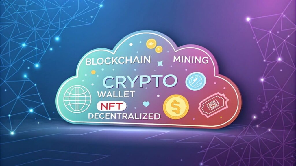 Crypto wallet infographic featuring blockchain, mining, NFT, and decentralized concepts.