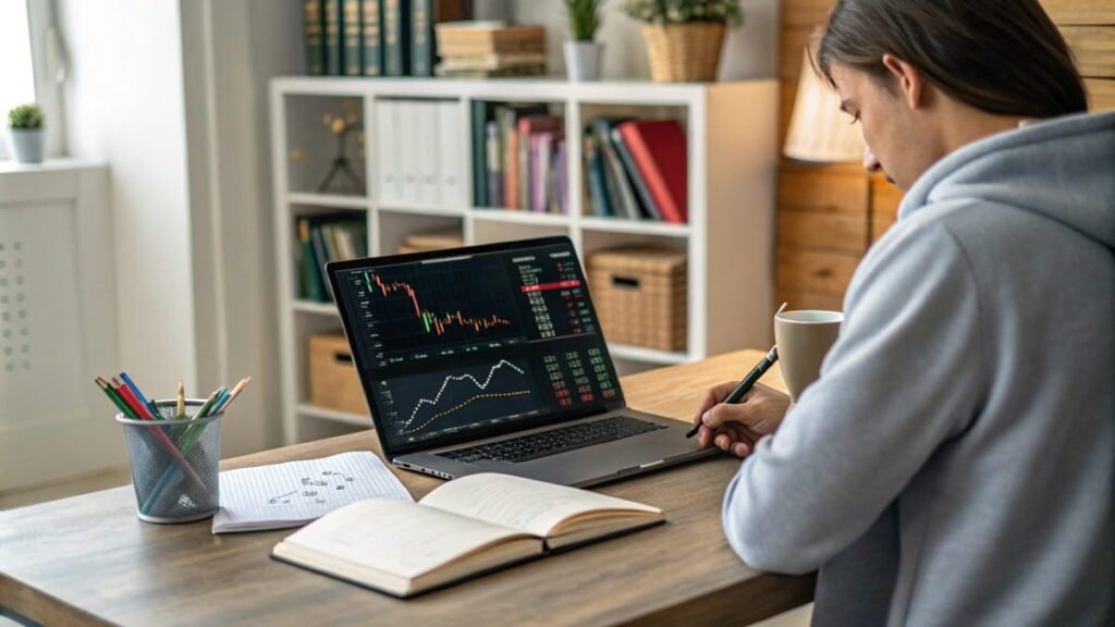 Person analyzing stock market charts on a laptop, with notes and colored pencils on a desk.