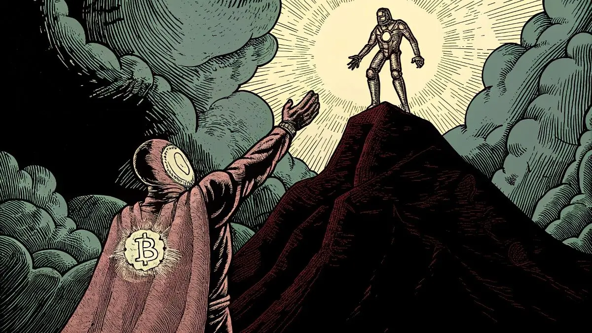 A stylized illustration of a figure in a cape with a bitcoin symbol, reaching towards a metallic figure atop a mountain, set against a backdrop of dramatic clouds.