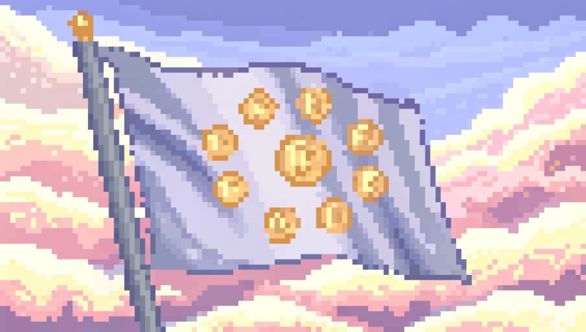 European Union Flag With Cryptocurrencies Pixelated
