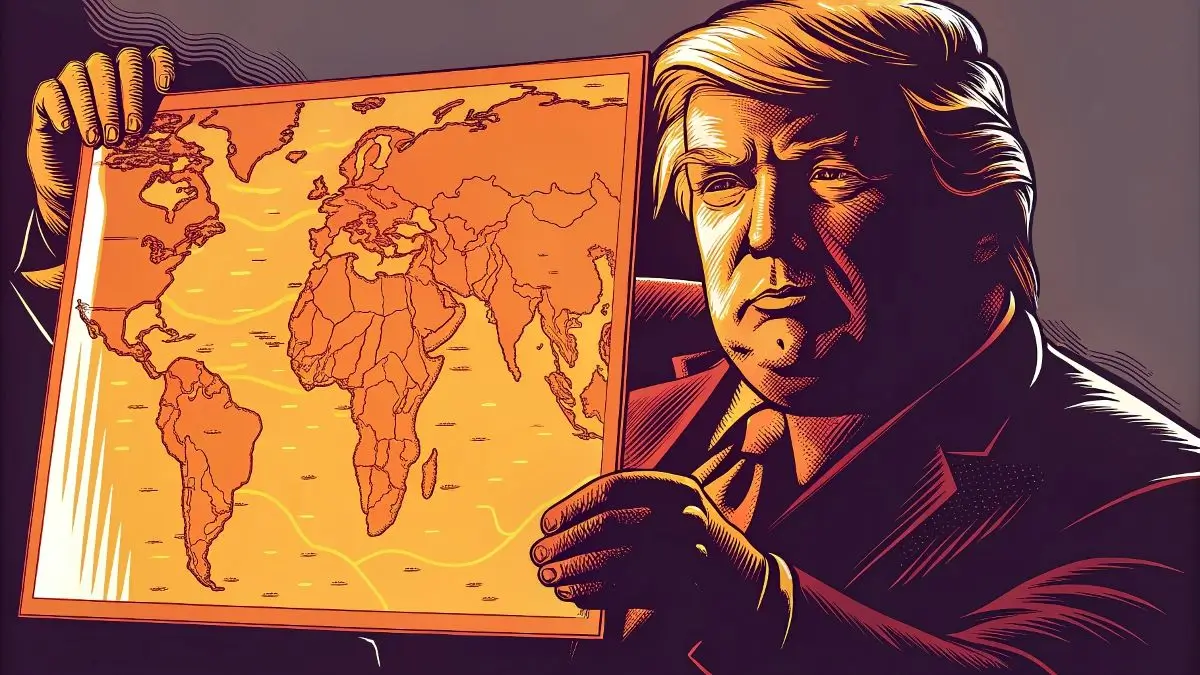 Illustration of Donald Trump holding a map of the world