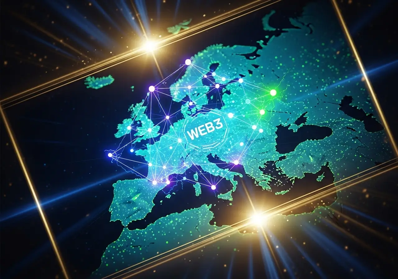 Web3 blockchain network glowing over a map of Europe, symbolizing digital advancement and collaboration in the EU.
