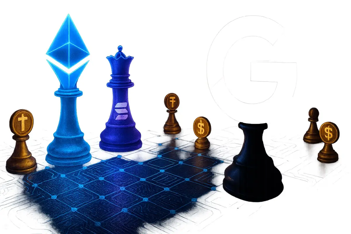 Digital chess battle: ETH & SOL logos vs Google's G logo on circuit board, symbolizing crypto rivalry