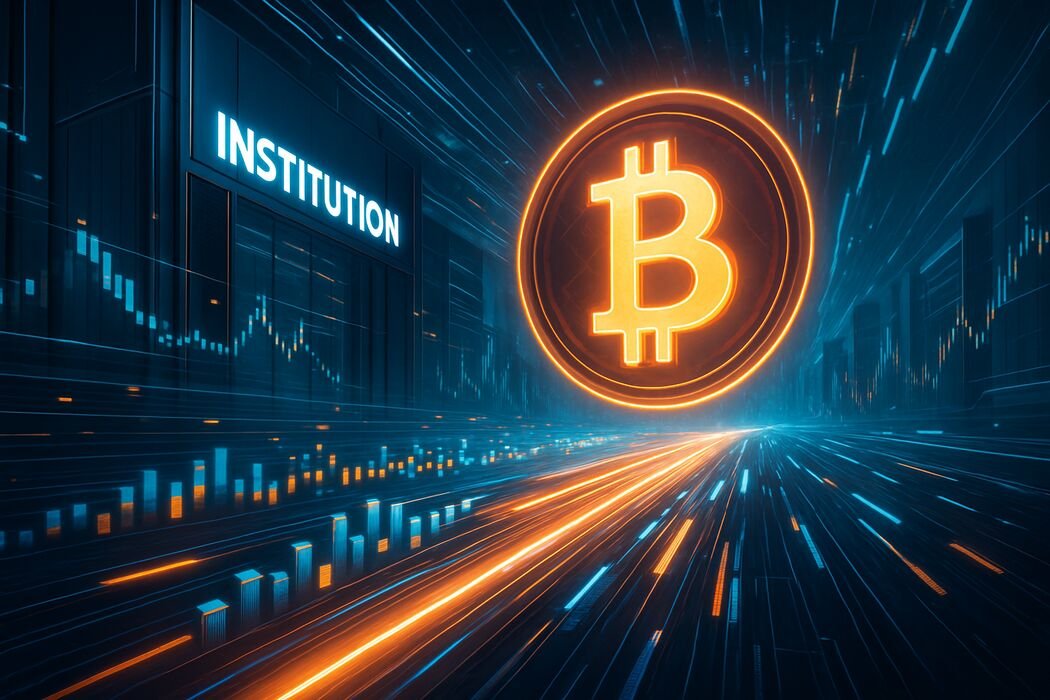 Futuristic image of institutional Bitcoin buying acceleration with glowing Bitcoin symbol and data streams.