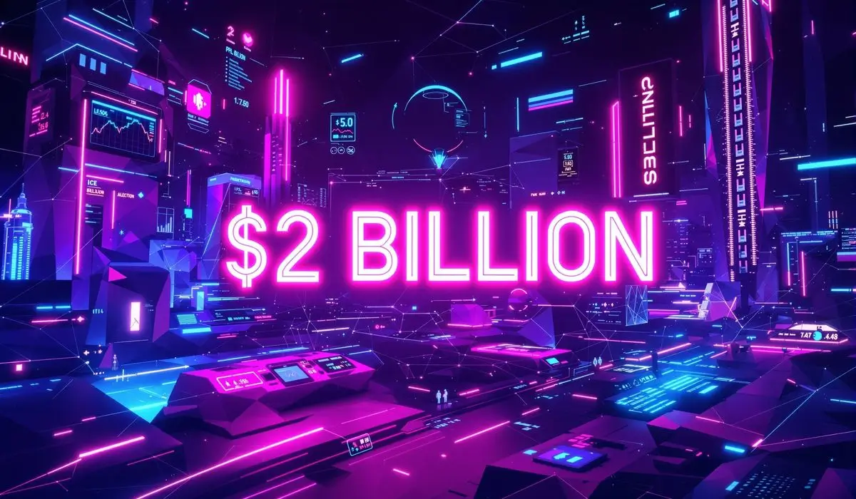 ICE $2B Polymarket investment low-poly cyberpunk neon blockchain prediction market visualization