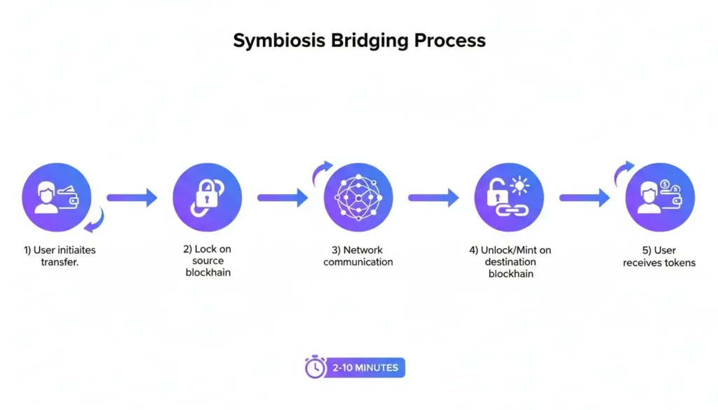 Symbiosis Crypto Bridge: Your Guide to Moving Assets Between Blockchains How Symbiosis bridge works - 5 step process from locking tokens to receiving on destination chain.