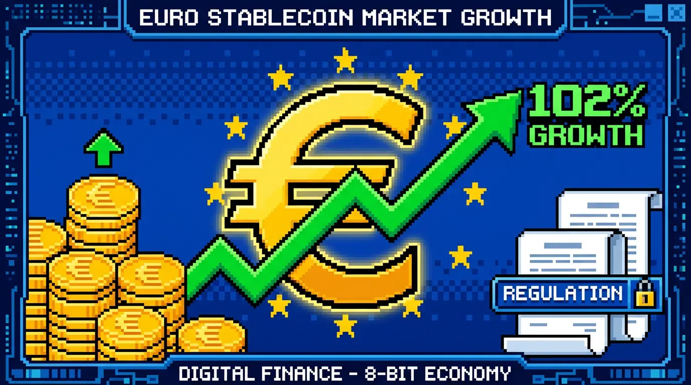 Pixel art illustration of euro currency symbol with upward growth arrow against EU flag background, representing euro stablecoin market expansion after MiCA regulation.