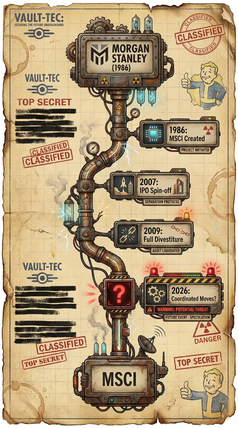 Diagram showing historical relationship between Morgan Stanley and MSCI from 1986 creation through 2009 divestiture