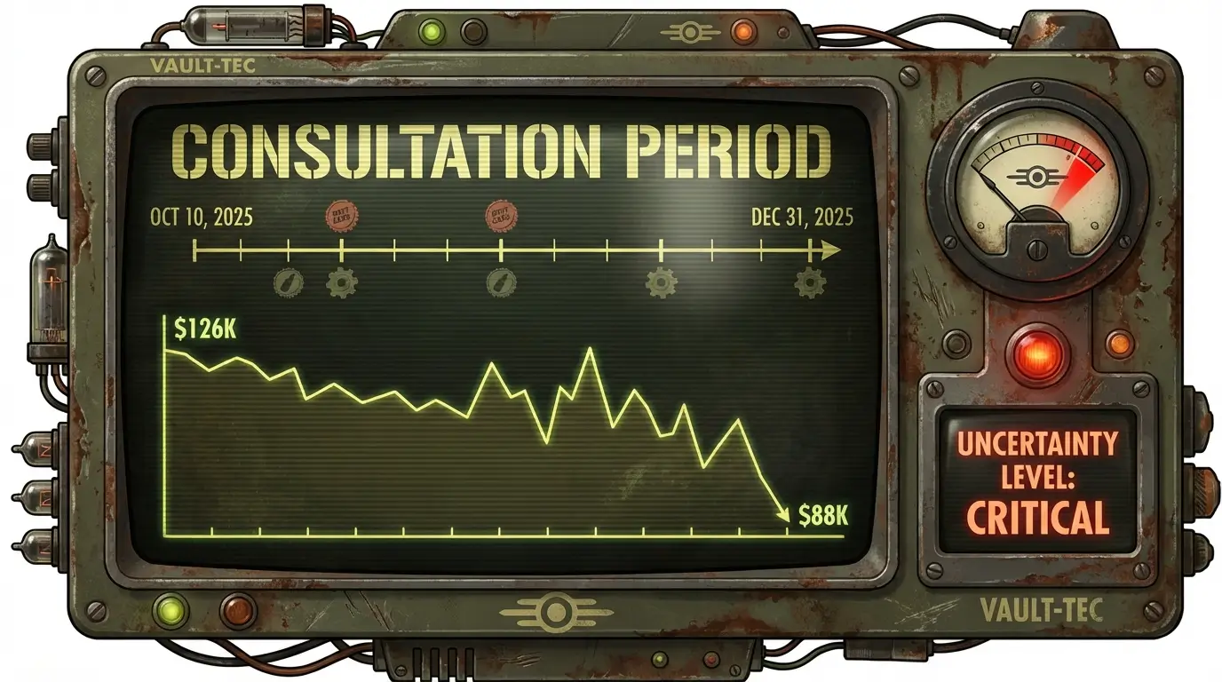 Timeline showing 90 day MSCI consultation period from October to December 2025 with Bitcoin price declining from 126K to 88K