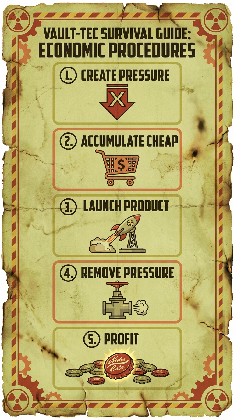 Five step diagram showing alleged institutional manipulation pattern from creating pressure to profiting