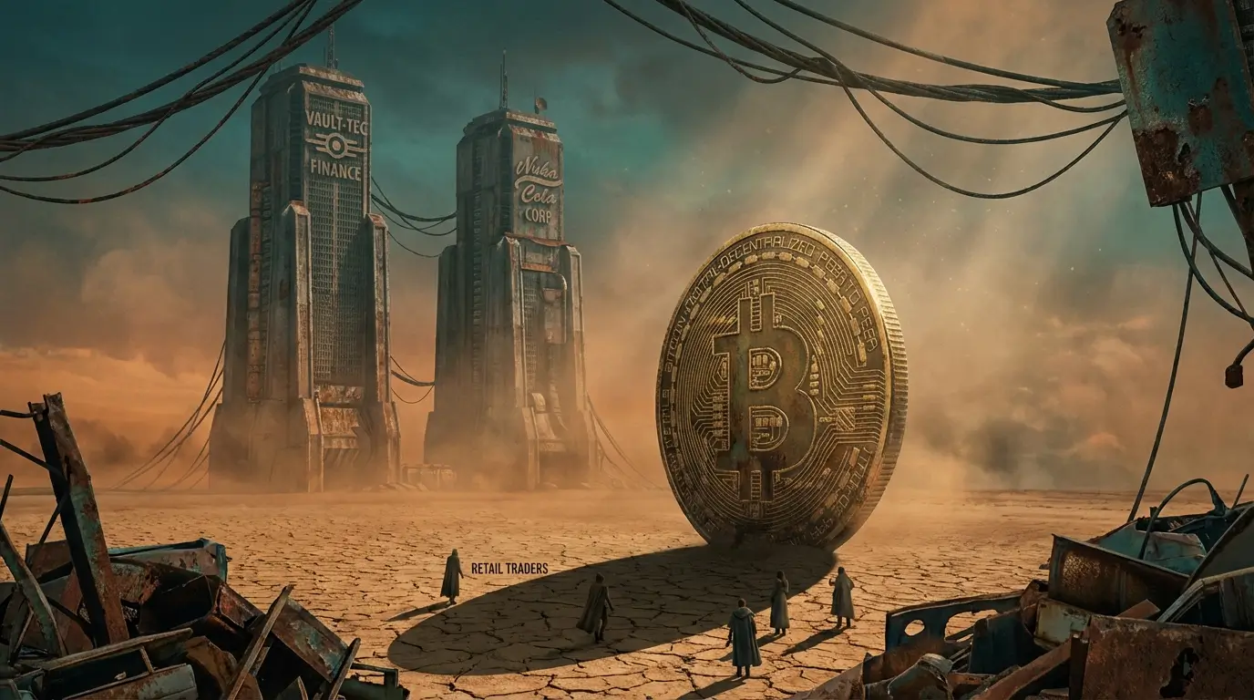 Illustration showing Bitcoin overshadowed by two connected corporate towers while small retail traders stand below in Fallout art style