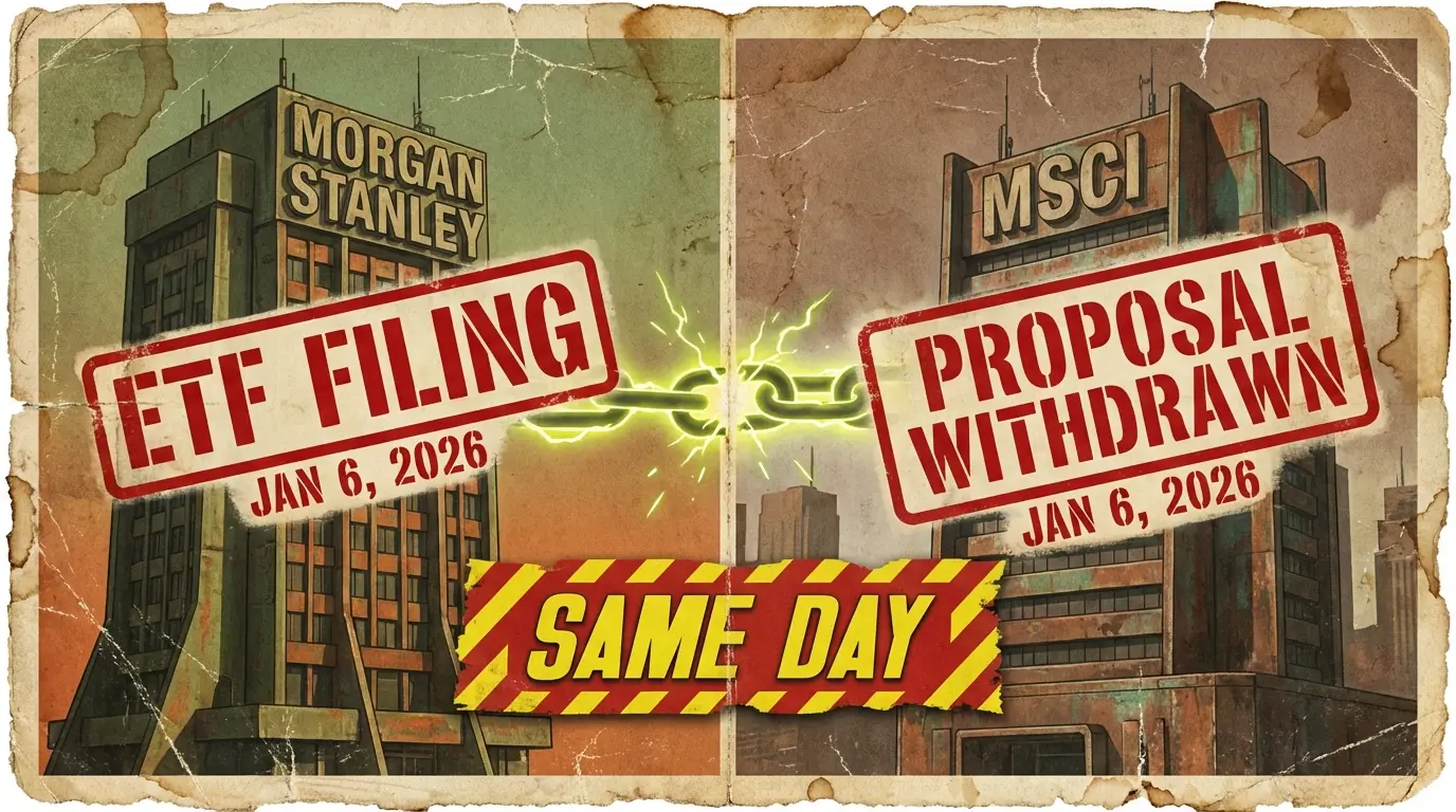 Split image showing Morgan Stanley ETF filing and MSCI withdrawal announcement both occurring January 6 2026