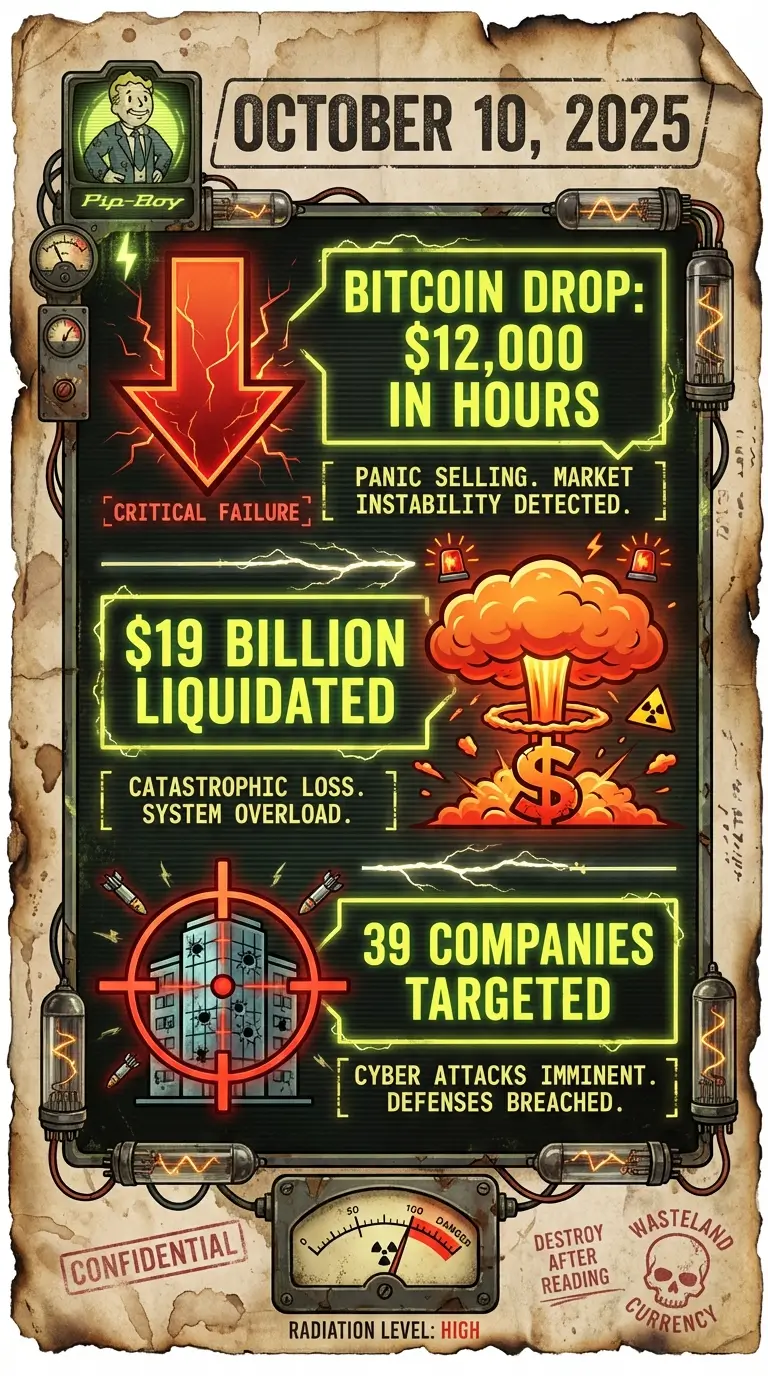Infographic showing October 10 2025 Bitcoin crash statistics including 12000 dollar drop and 19 billion in liquidations