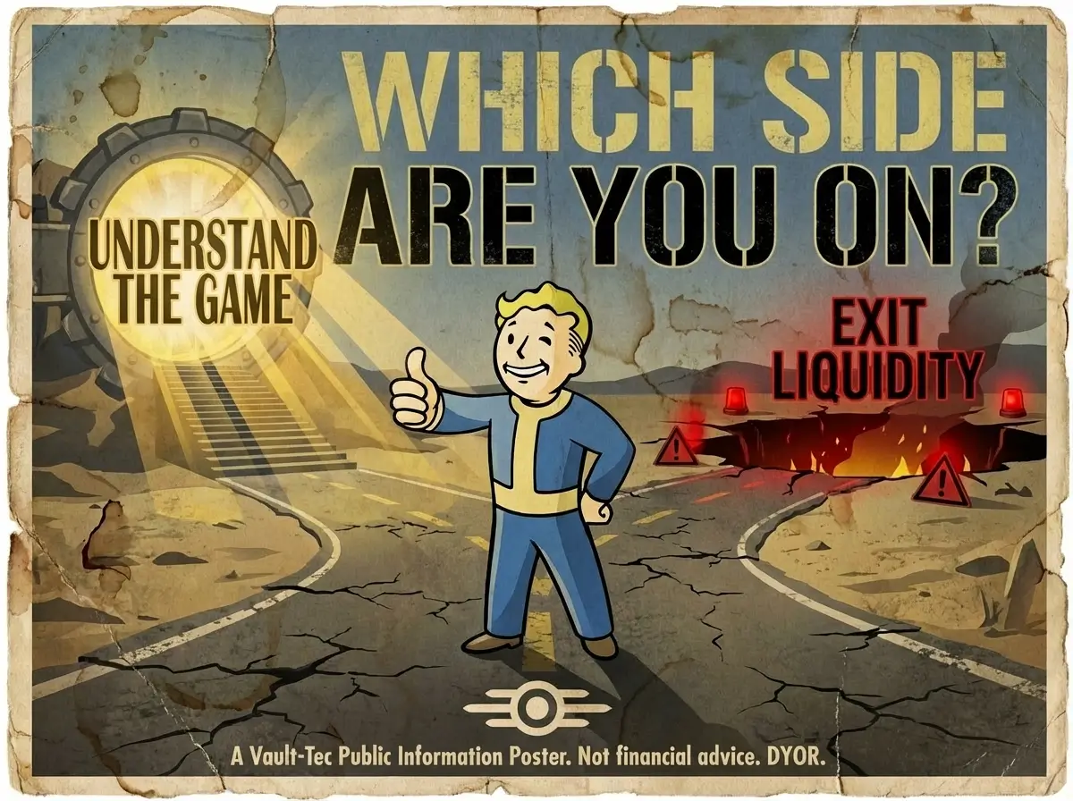 Fallout style poster showing two paths representing understanding market manipulation versus becoming exit liquidity